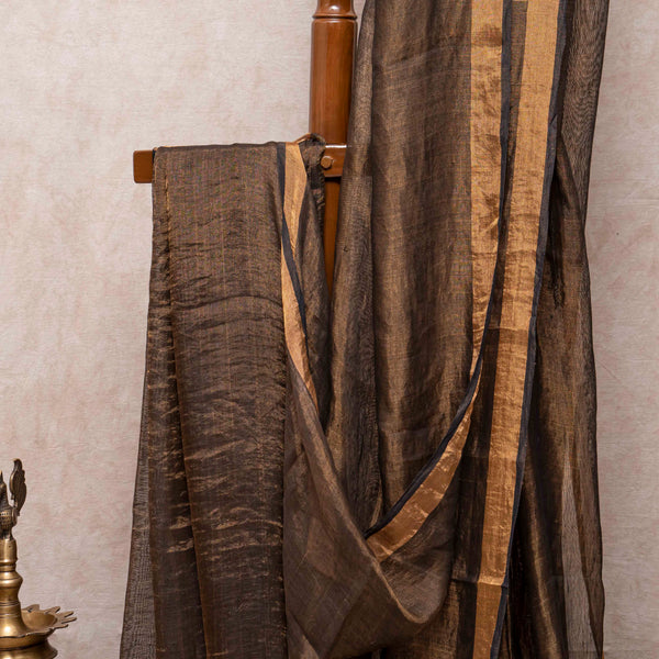 Handloom Handwoven Linen Tissue Saree With Jamdani Zari Motif, With Blouse Piece (Bronze)