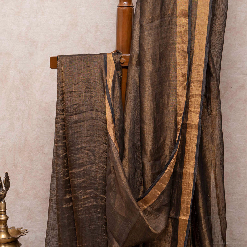 Handloom Handwoven Linen Tissue Saree With Jamdani Zari Motif, With Blouse Piece (Bronze)