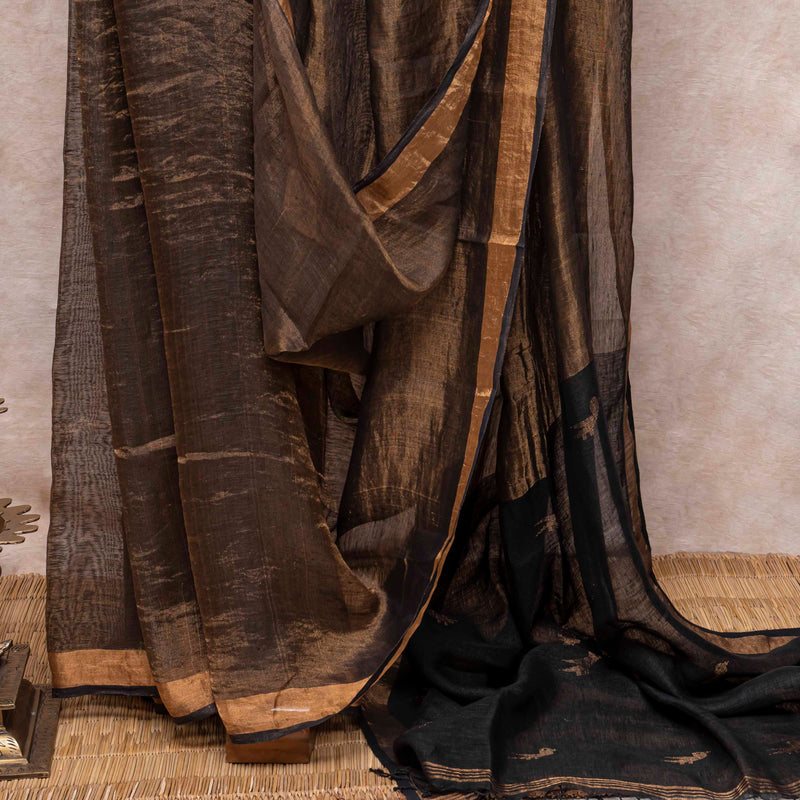 Handloom Handwoven Linen Tissue Saree With Jamdani Zari Motif, With Blouse Piece (Bronze)