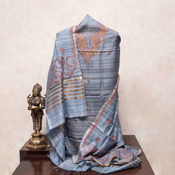 Kashmiri Hand Embroidery Handloom Tussar Kurta Fabric With Kashmiri Hand Embroidered Tussar Silk Dupatta