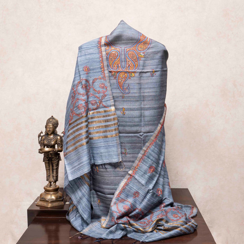 Kashmiri Hand Embroidery Handloom Tussar Kurta Fabric With Kashmiri Hand Embroidered Tussar Silk Dupatta