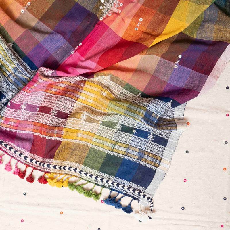 Handloom Kala Cotton Suit Set with Mirror Work & Multicolour Check Dupatta