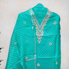 Hand Tie - Dye Kota Silk Kurta Fabric With Zari Hand Embroidery & Zari Hand Embroidery Dupatta