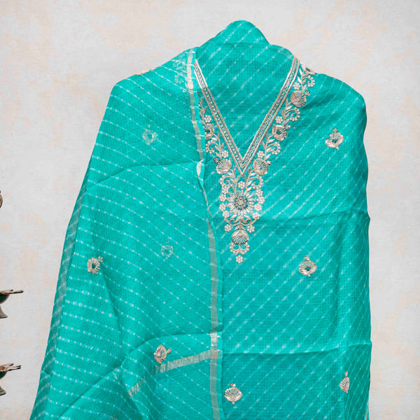 Hand Tie - Dye Kota Silk Kurta Fabric With Zari Hand Embroidery & Zari Hand Embroidery Dupatta