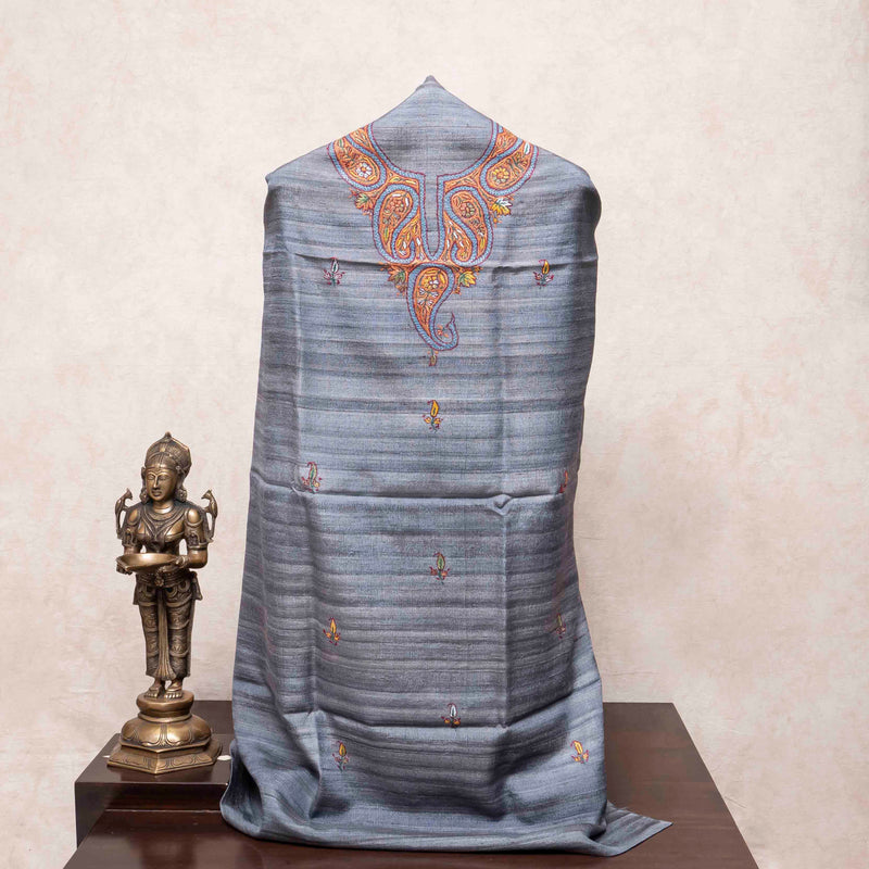 Kashmiri Hand Embroidery Handloom Tussar Kurta Fabric With Kashmiri Hand Embroidered Tussar Silk Dupatta
