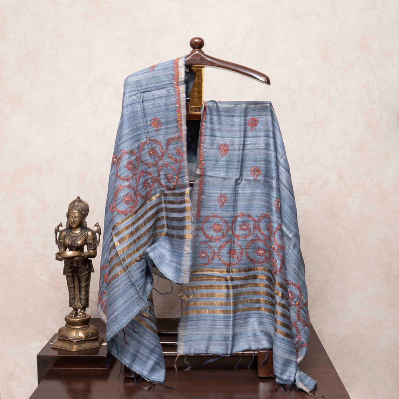 Kashmiri Hand Embroidery Handloom Tussar Kurta Fabric With Kashmiri Hand Embroidered Tussar Silk Dupatta