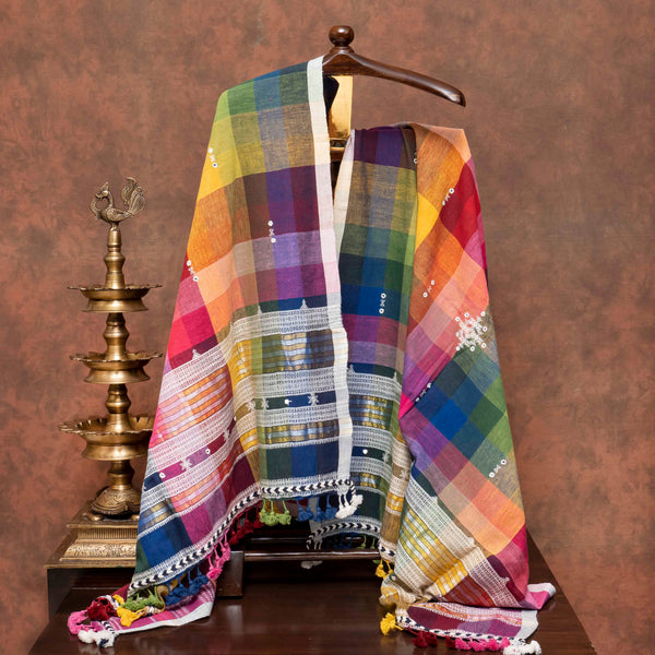 Handloom Kala Cotton Suit Set with Mirror Work & Multicolour Check Dupatta