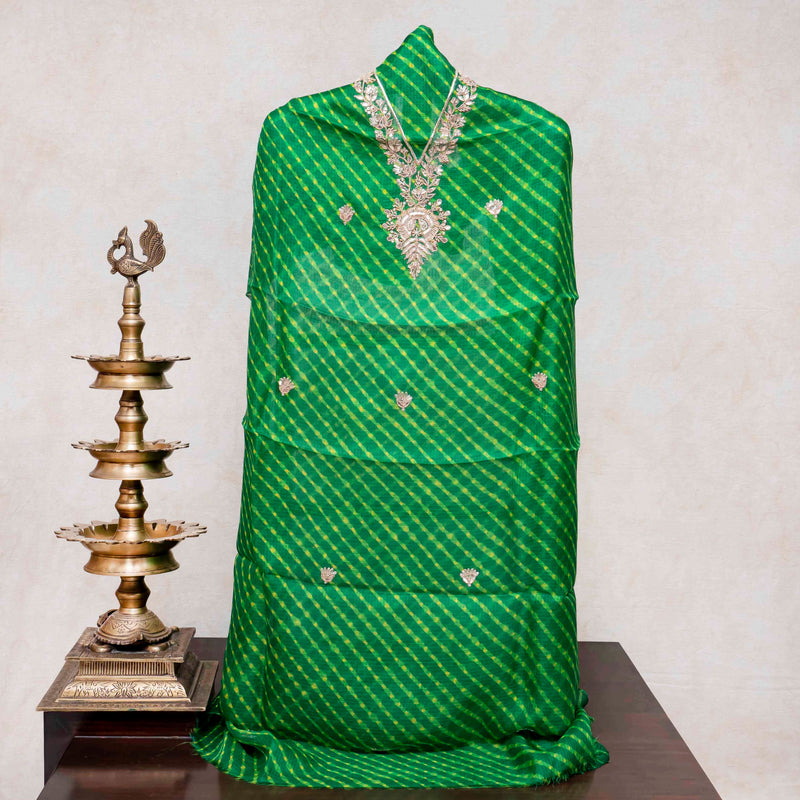 Hand Tie - Dye Kota Silk Kurta Fabric With Zari Hand Embroidery & Zari Hand Embroidery Dupatta