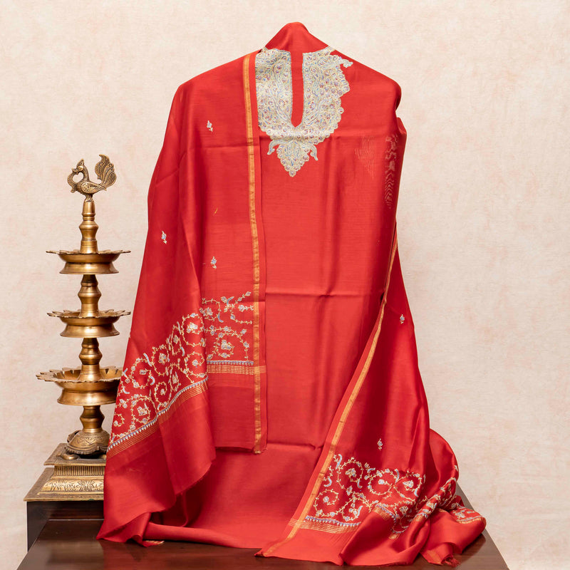 Kashmiri Hand Embroidered Chanderi Silk Kurta Fabric & Kashmiri Hand Embroidery Chandari Silk Dupatta