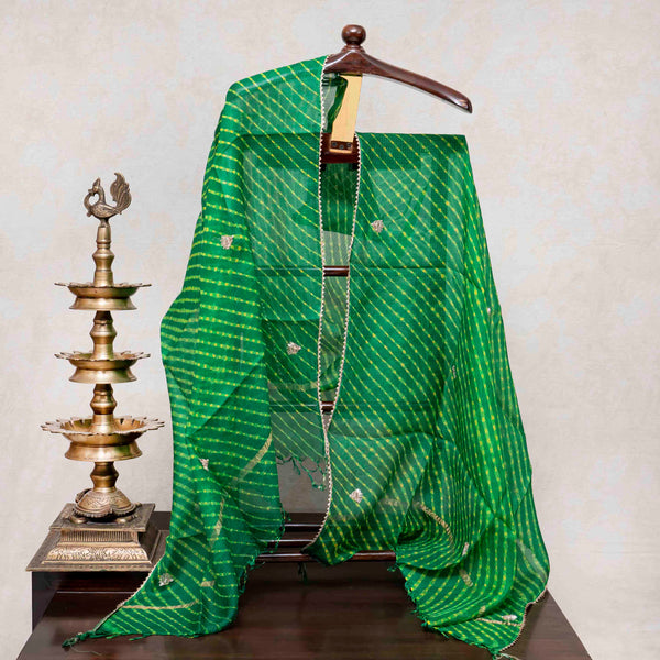 Hand Tie - Dye Kota Silk Kurta Fabric With Zari Hand Embroidery & Zari Hand Embroidery Dupatta