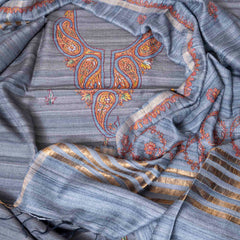 Kashmiri Hand Embroidery Handloom Tussar Kurta Fabric With Kashmiri Hand Embroidered Tussar Silk Dupatta