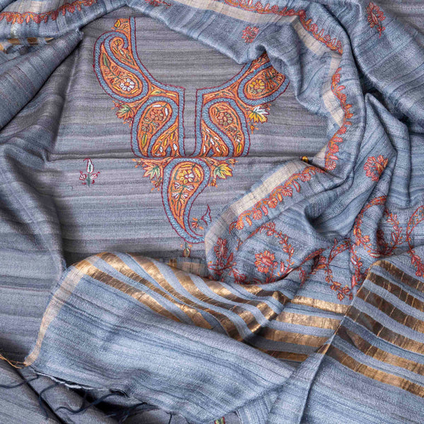 Kashmiri Hand Embroidery Handloom Tussar Kurta Fabric With Kashmiri Hand Embroidered Tussar Silk Dupatta