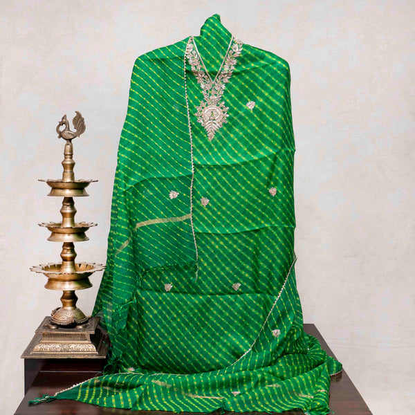 Hand Tie - Dye Kota Silk Kurta Fabric With Zari Hand Embroidery & Zari Hand Embroidery Dupatta