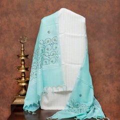 Handloom Linen Suit Set with Silver Zari Stripes & Kashmiri Embroidered Dupatta