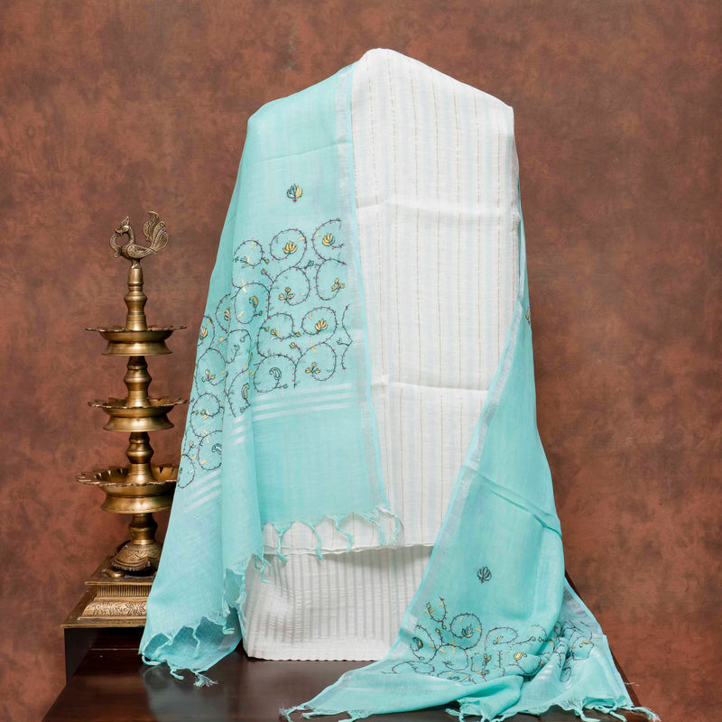 Handloom Linen Suit Set with Silver Zari Stripes & Kashmiri Embroidered Dupatta
