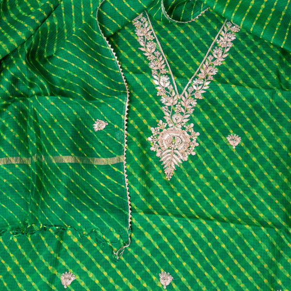 Hand Tie - Dye Kota Silk Kurta Fabric With Zari Hand Embroidery & Zari Hand Embroidery Dupatta