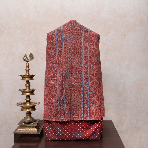 Ajrakh Hand Block Cotton Red Kurta, Bottom Fabric With Blue Ajrakh Dupatta