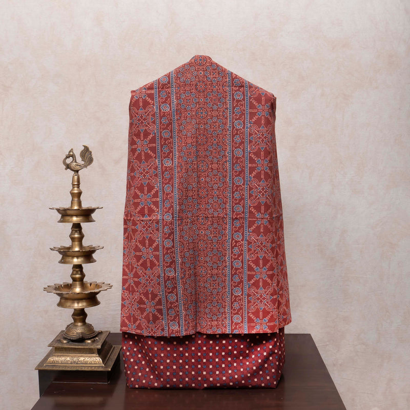 Ajrakh Hand Block Cotton Red Kurta, Bottom Fabric With Blue Ajrakh Dupatta