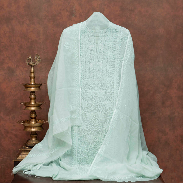 Hand Embroidered Kota Doria Chikankari Kurta & Dupatta