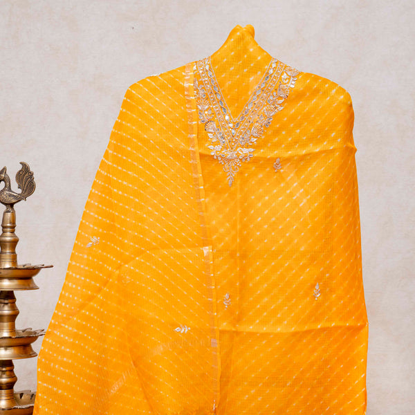 Hand Tie - Dye Kota Silk Kurta Fabric With Zari Hand Embroidery & Zari Hand Embroidery Dupatta