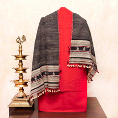 Handloom Kala Cotton Kurta Fabric With Mirror Work, Handloom Kala Cotton Bottom Fabric & Handloom Kala Cotton Stole With Tussar Weave