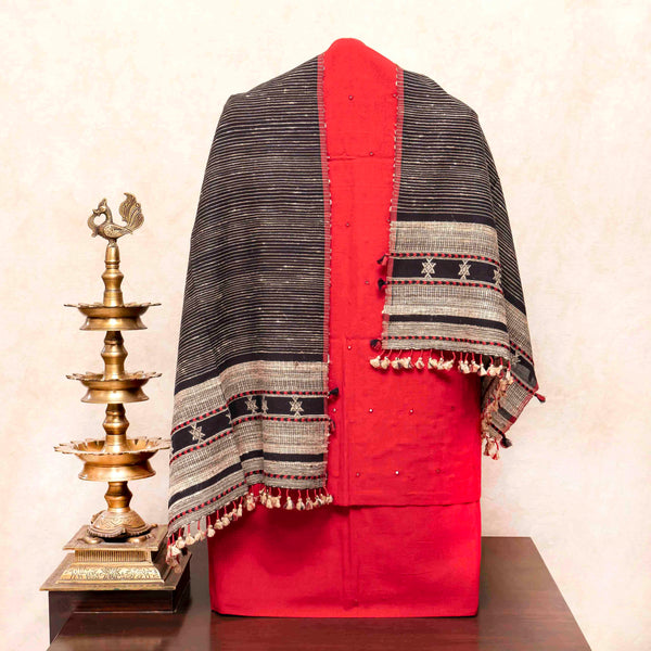 Handloom Kala Cotton Kurta Fabric With Mirror Work, Handloom Kala Cotton Bottom Fabric & Handloom Kala Cotton Stole With Tussar Weave