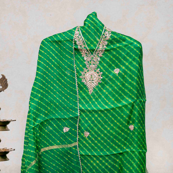 Hand Tie - Dye Kota Silk Kurta Fabric With Zari Hand Embroidery & Zari Hand Embroidery Dupatta