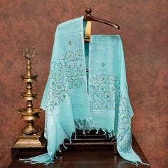 Handloom Linen Suit Set with Silver Zari Stripes & Kashmiri Embroidered Dupatta