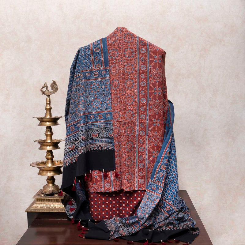 Ajrakh Hand Block Cotton Red Kurta, Bottom Fabric With Blue Ajrakh Dupatta