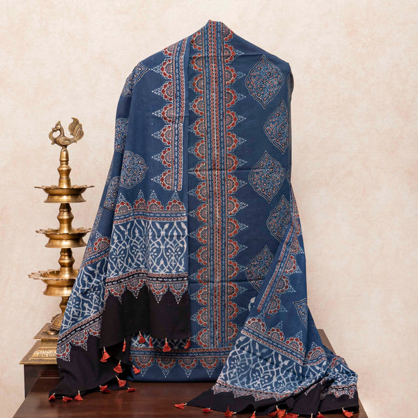 Mul Cotton Hand Block Ajrakh Kurta Fabric & Mul Cotton Ajrakh Dupatta