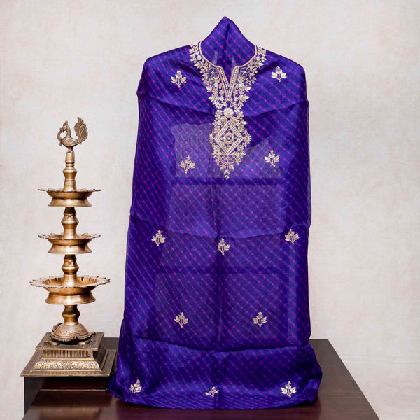 Hand Tie - Dye Kota Silk Kurta Fabric With Zari Hand Embroidery & Zari Hand Embroidery Dupatta