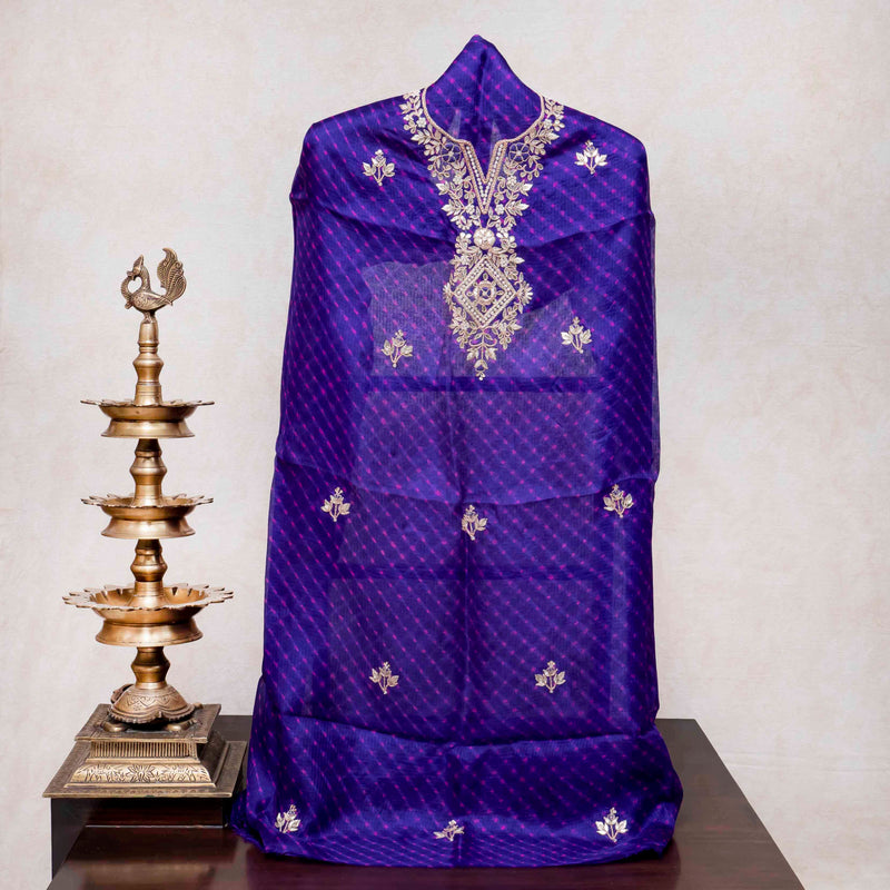 Hand Tie - Dye Kota Silk Kurta Fabric With Zari Hand Embroidery & Zari Hand Embroidery Dupatta