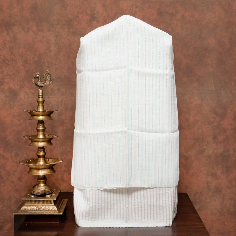 Handloom Linen Suit Set with Silver Zari Stripes & Kashmiri Embroidered Dupatta