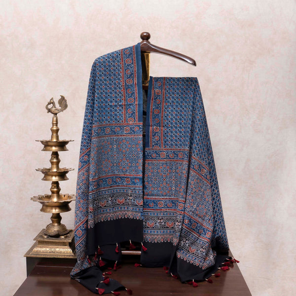 Ajrakh Hand Block Cotton Red Kurta, Bottom Fabric With Blue Ajrakh Dupatta
