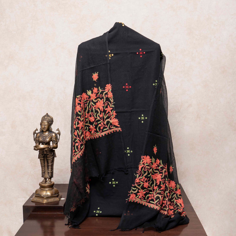 Handloom Kala cotton Kurta fabric with Kashmiri embroidered Dupatta