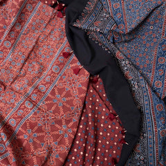 Ajrakh Hand Block Cotton Red Kurta, Bottom Fabric With Blue Ajrakh Dupatta
