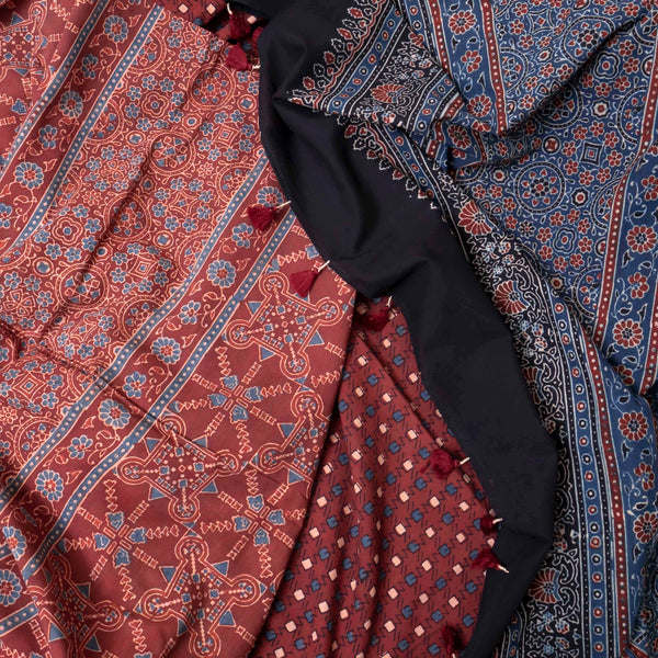 Ajrakh Hand Block Cotton Red Kurta, Bottom Fabric With Blue Ajrakh Dupatta