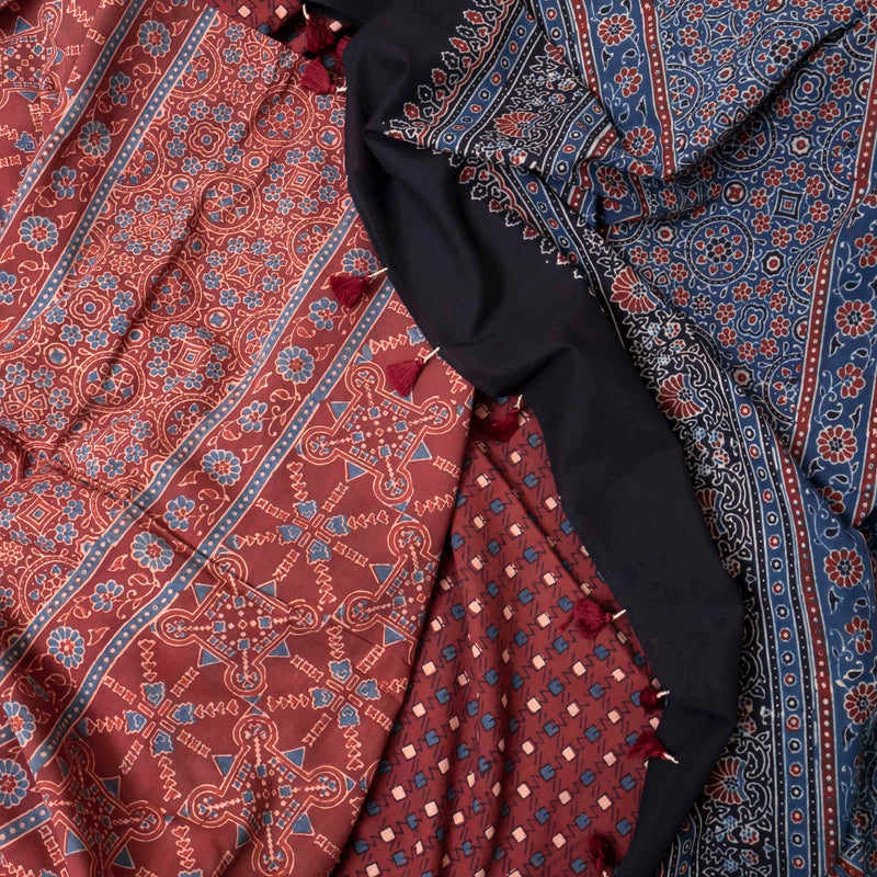 Ajrakh Hand Block Cotton Red Kurta, Bottom Fabric With Blue Ajrakh Dupatta