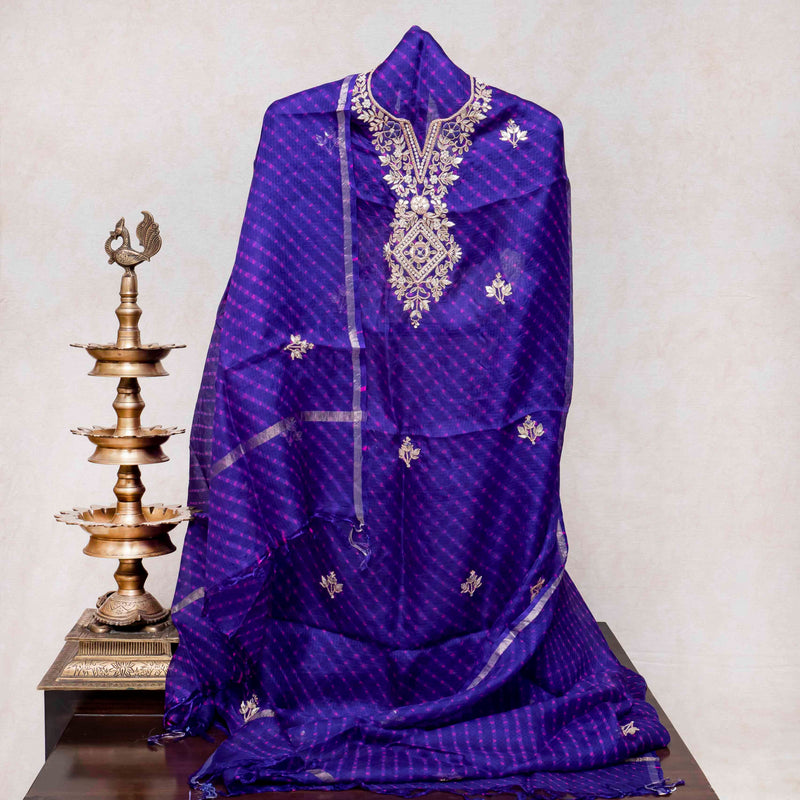 Hand Tie - Dye Kota Silk Kurta Fabric With Zari Hand Embroidery & Zari Hand Embroidery Dupatta