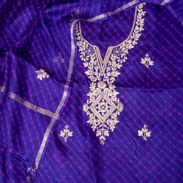 Hand Tie - Dye Kota Silk Kurta Fabric With Zari Hand Embroidery & Zari Hand Embroidery Dupatta