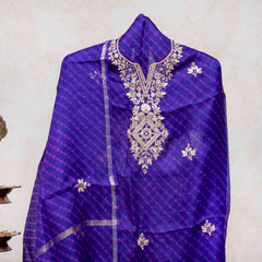 Hand Tie - Dye Kota Silk Kurta Fabric With Zari Hand Embroidery & Zari Hand Embroidery Dupatta