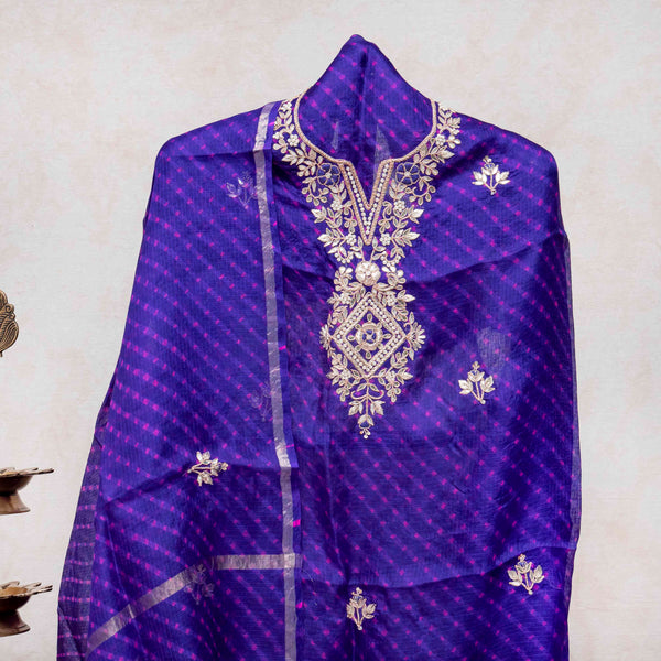 Hand Tie - Dye Kota Silk Kurta Fabric With Zari Hand Embroidery & Zari Hand Embroidery Dupatta