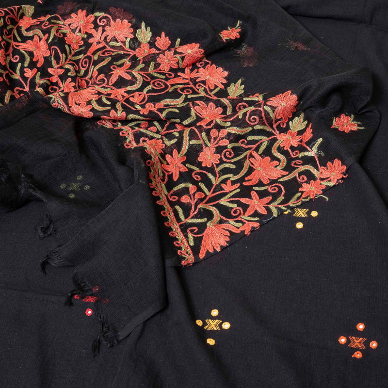 Handloom Kala cotton Kurta fabric with Kashmiri embroidered Dupatta