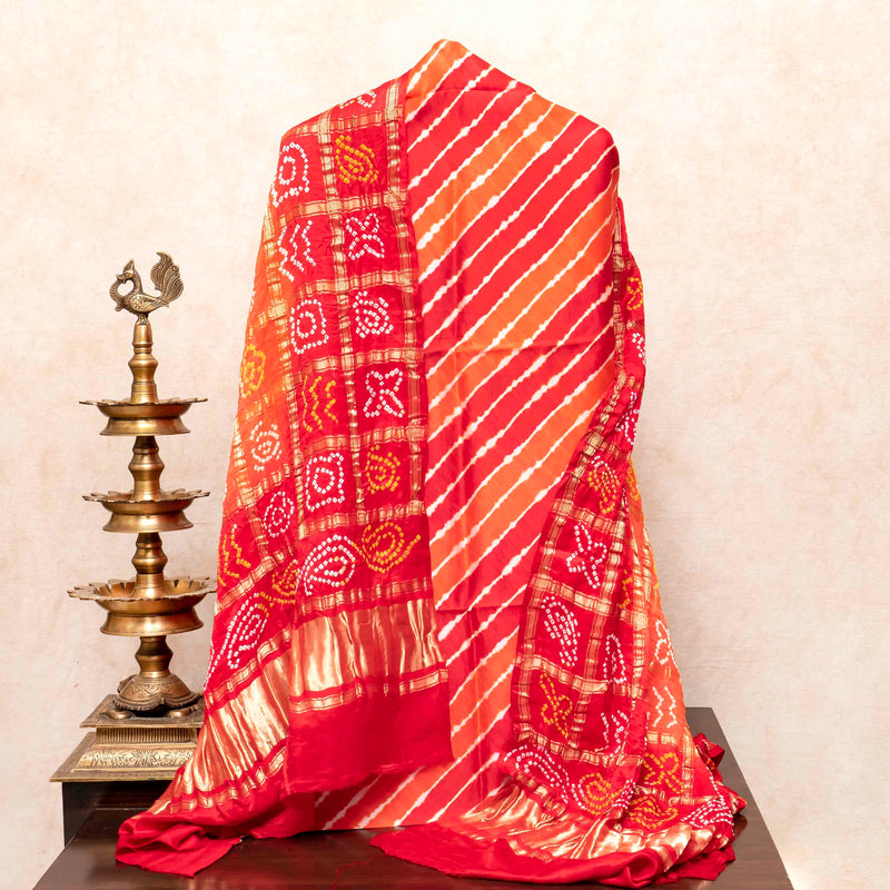 Handloom Tussar Silk Lehriya Kurta Fabric & Pure Gajji Silk Bandhini Gharchola Dupatta