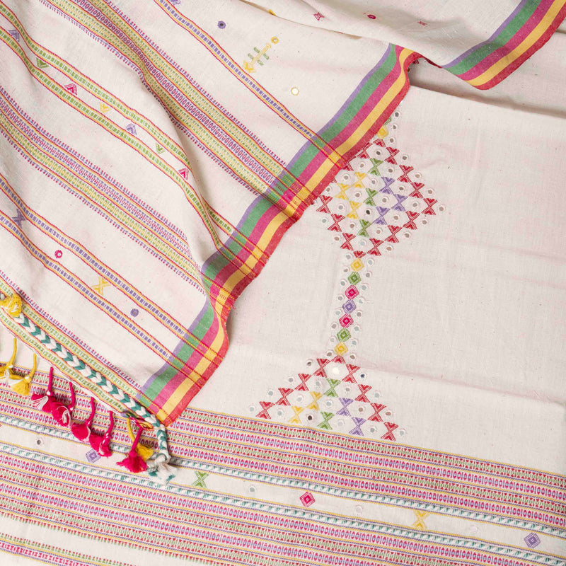 Handloom Kala Cotton Kurta Fabric With Mirror Work, Handloom Kala Cotton Bottom & Handloom Kala Cotton Designer Dupatta
