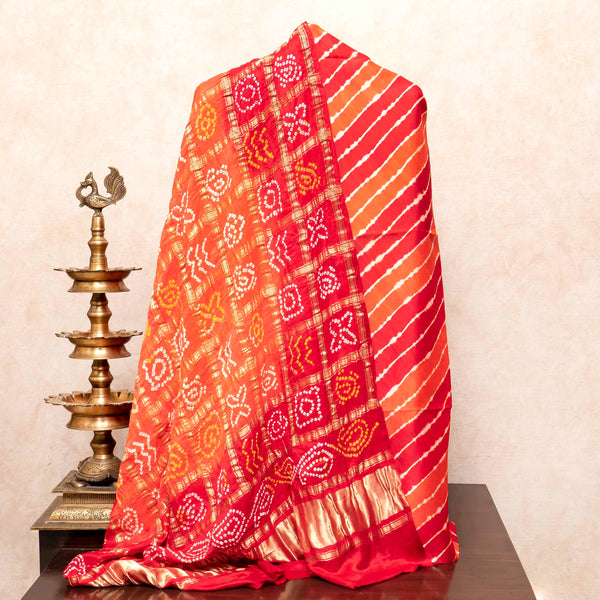 Handloom Tussar Silk Lehriya Kurta Fabric & Pure Gajji Silk Bandhini Gharchola Dupatta