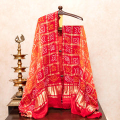 Handloom Tussar Silk Lehriya Kurta Fabric & Pure Gajji Silk Bandhini Gharchola Dupatta
