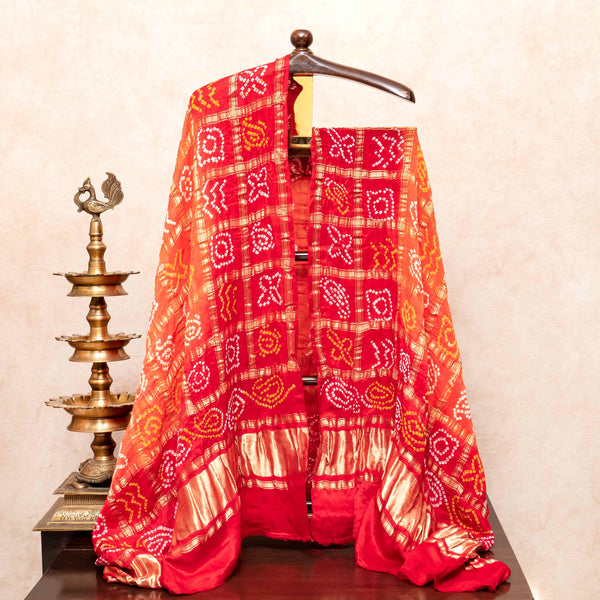 Handloom Tussar Silk Lehriya Kurta Fabric & Pure Gajji Silk Bandhini Gharchola Dupatta