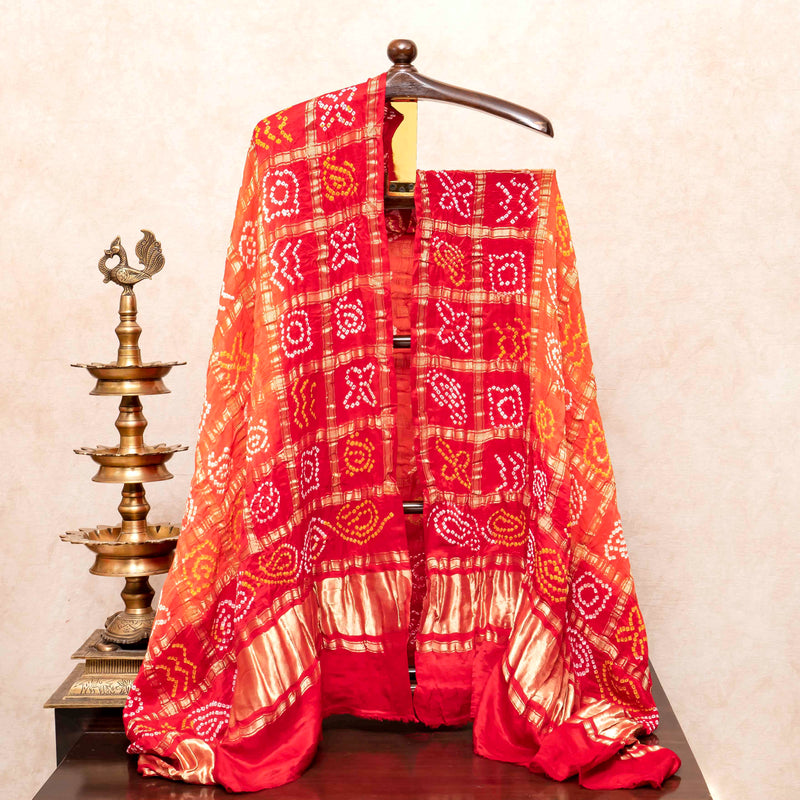 Handloom Tussar Silk Lehriya Kurta Fabric & Pure Gajji Silk Bandhini Gharchola Dupatta