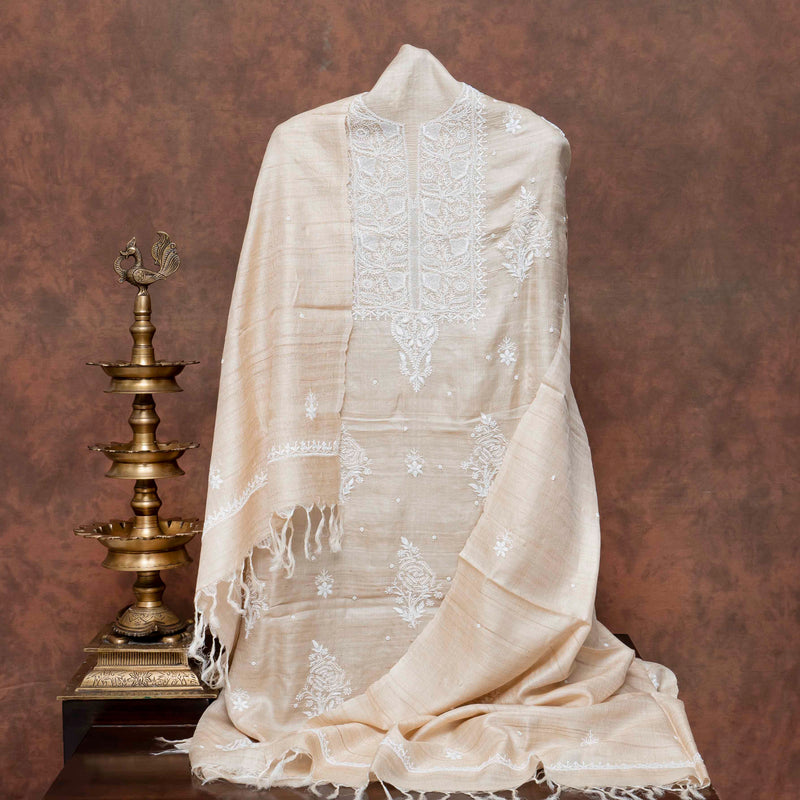 Tussar Khadi Silk Chikankari Kurta & Dupatta